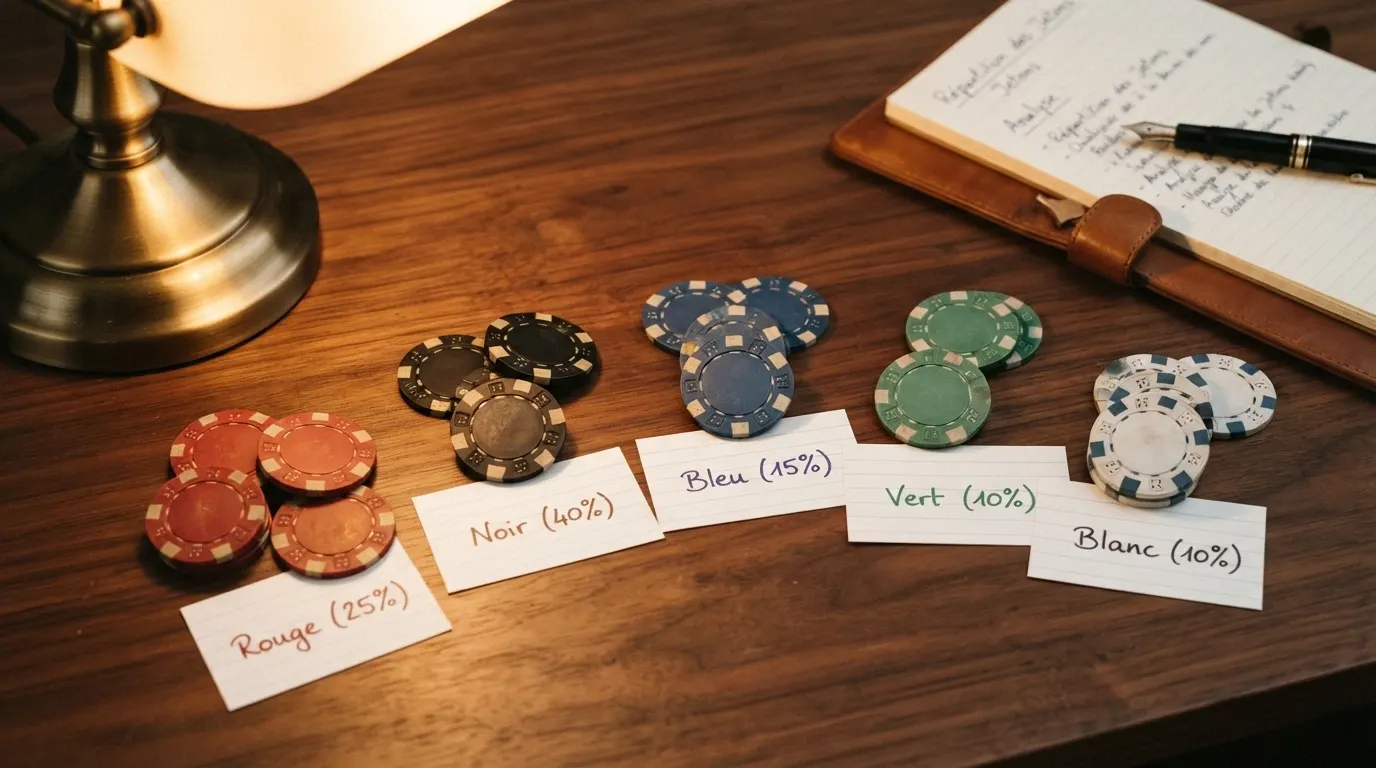 Une table comparative avec des jetons de casino, des pourcentages et des logos d'opérateurs disposés en colonnes
