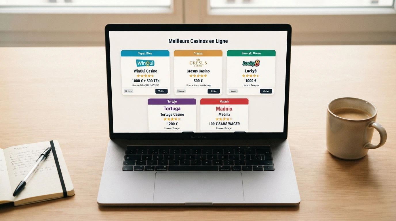Une interface de comparaison présentant plusieurs fiches de casinos en ligne côte à côte avec leurs notes, bonus et licences visibles