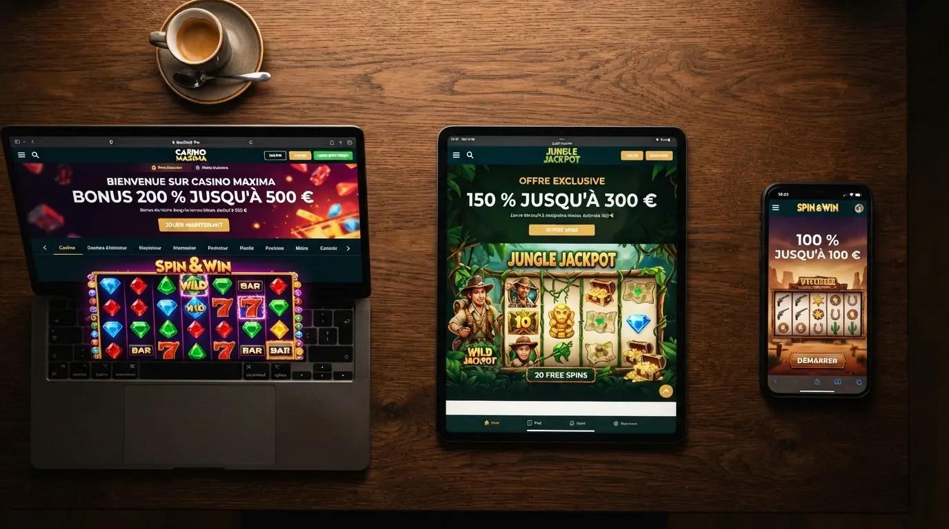 Trois captures d'écran de casinos en ligne affichant côte à côte une offre de bonus, des tours gratuits et un slot NetEnt