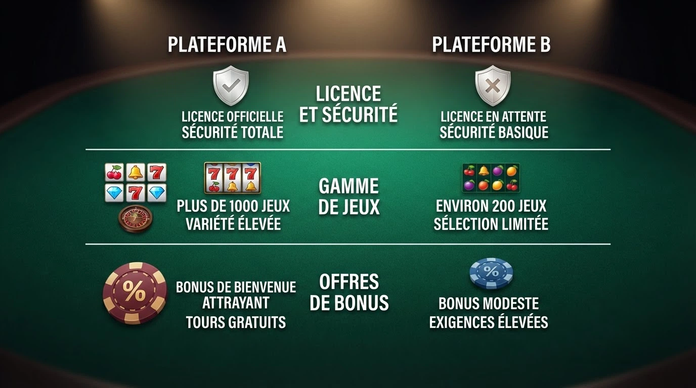Une grille de comparaison stylisée avec des icônes représentant une licence, un catalogue de jeux et un pourcentage de bonus, sur fond de table de jeu