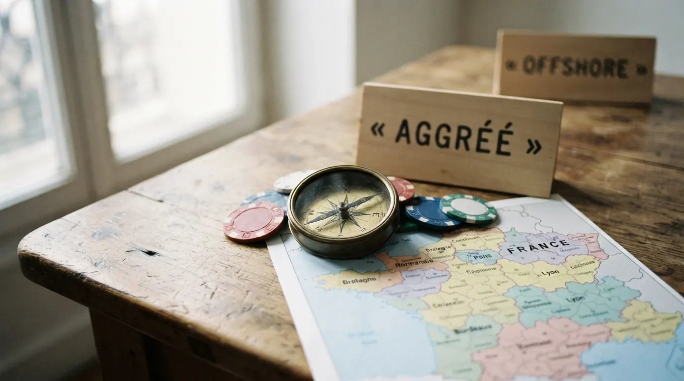 Une boussole posée sur une table, entourée de jetons de casino et d'une carte de France, avec deux colonnes esquissées en arrière-plan — l'une marquée « agréé », l'autre « offshore ».