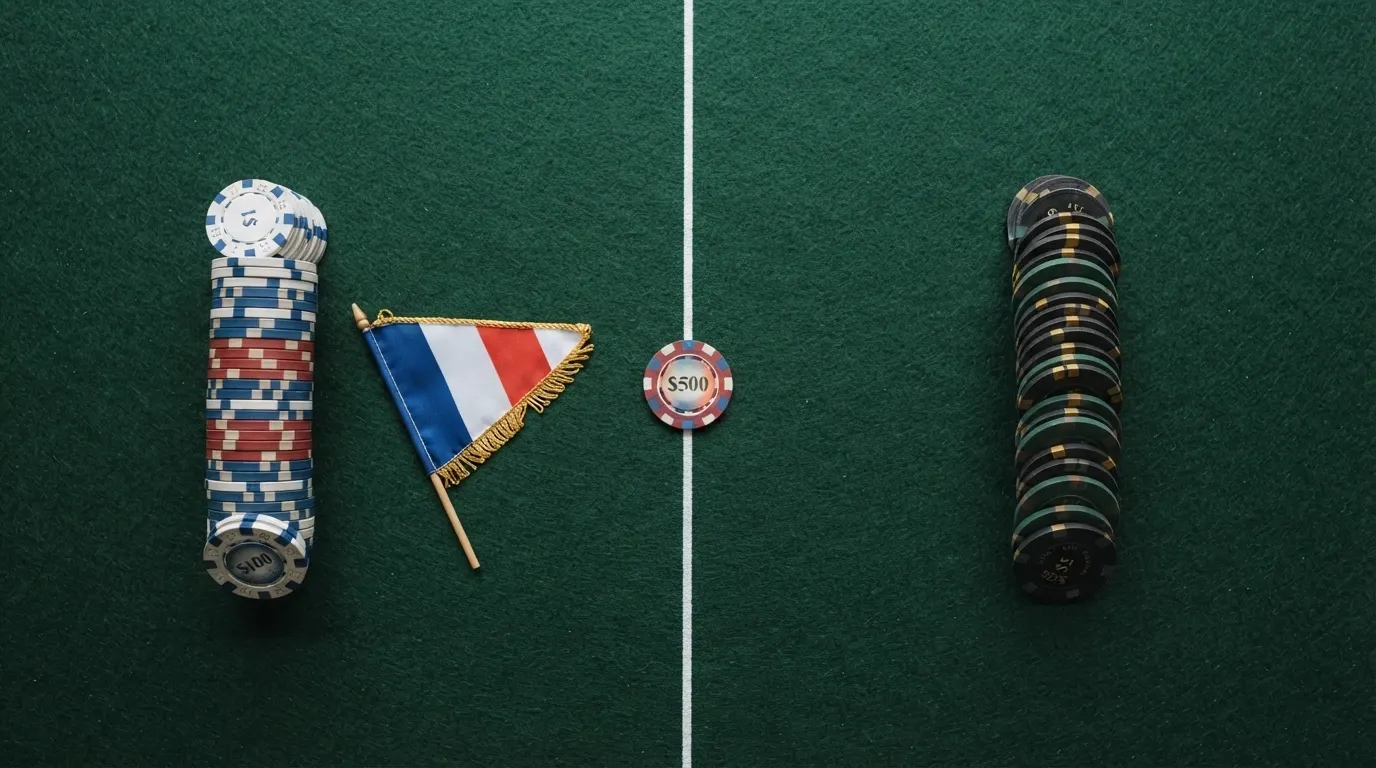 Une pile de pièces de 5€ posée sur une table partagée en deux par une ligne : côté gauche, un drapeau français et le sceau ANJ, côté droit, un drapeau de Curaçao