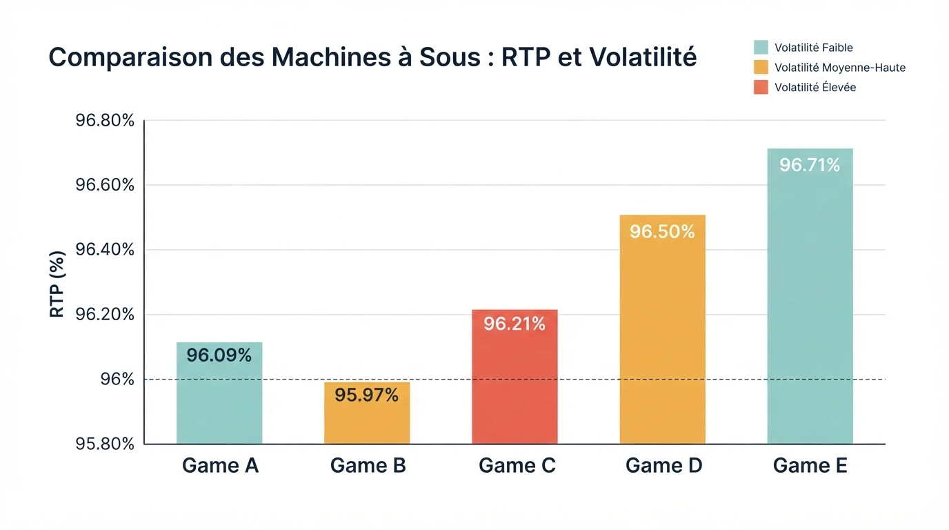 Graphique ou tableau comparatif superposant des jauges de RTP et de volatilité pour plusieurs machines à sous, avec icônes de fournisseurs