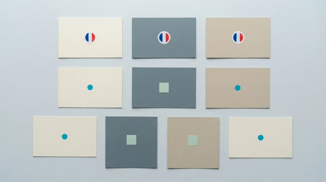 Dix cartes alignées, trois portent un macaron tricolore « agréé ANJ », sept arborent un drapeau Curaçao ou Anjouan