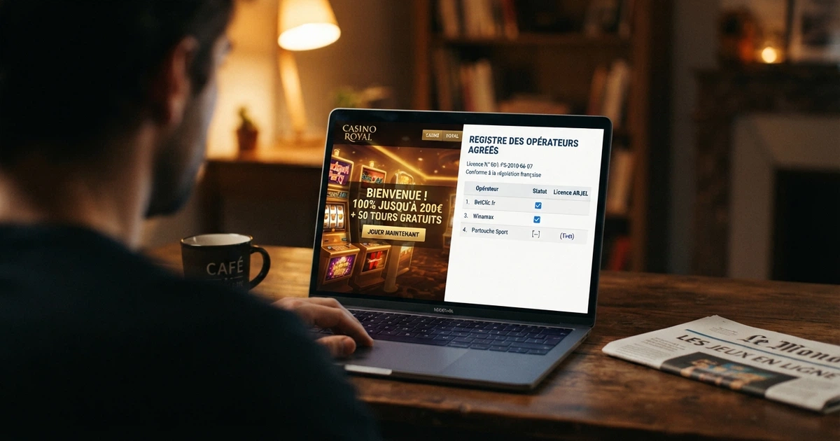 Un écran partagé : d'un côté une interface de casino en ligne affichant une bannière de bonus de bienvenue, de l'autre le site officiel de l'ANJ ouvert sur la page des opérateurs agréés