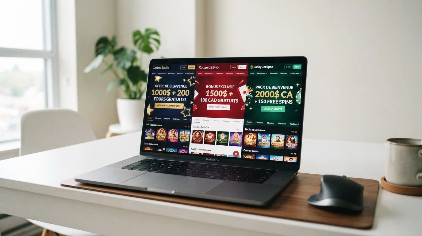 Capture d'écran juxtaposant les pages d'accueil de trois casinos sous licence KGC, avec leurs offres de bienvenue en dollars canadiens