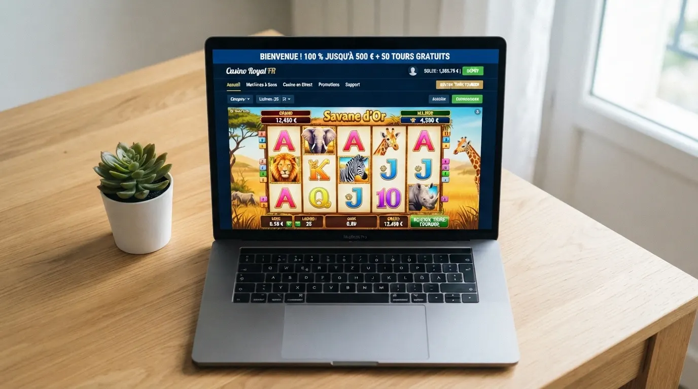 Interface d'un casino en ligne affichant la machine à sous Mega Moolah à côté d'une offre de bonus de bienvenue