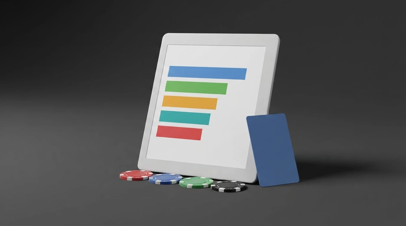 Un écran d'ordinateur affichant un tableau comparatif de casinos en ligne, avec des colonnes de bonus, de dépôt minimum et de licence, entouré d'icônes représentant différents moyens de paiement.