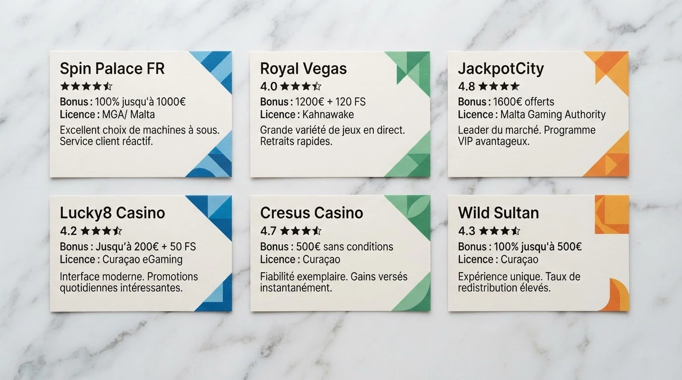Une vue d'ensemble de plusieurs fiches de casinos en ligne disposées côte à côte, avec leurs bonus, licences et notes de notre évaluation