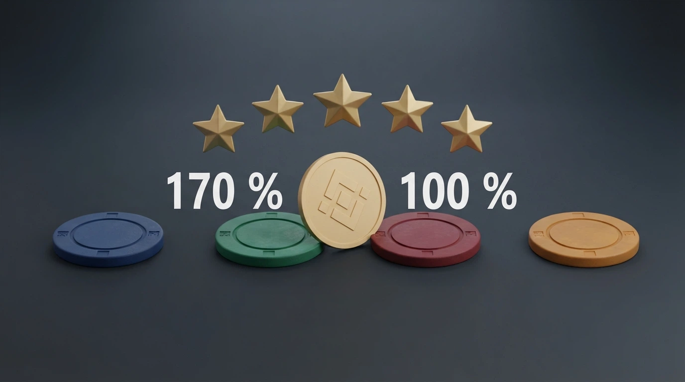 Une grille de comparaison avec des icônes de cryptomonnaies, des pourcentages de bonus et des étoiles d'évaluation sur fond sombre