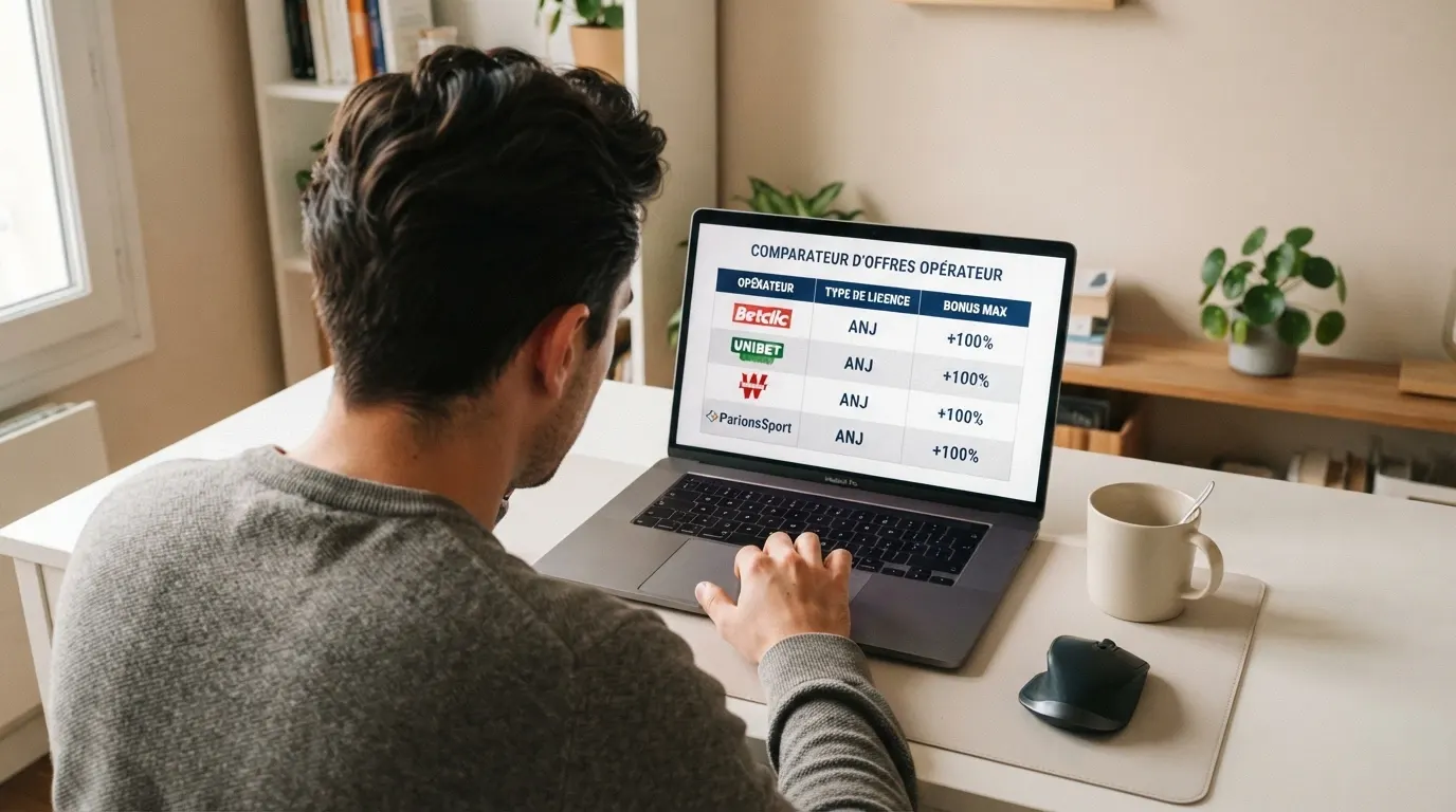 Capture d'écran d'un comparatif de casinos en ligne avec colonnes : nom de l'opérateur, licence, bonus de bienvenue — les trois critères que nous avons retenus