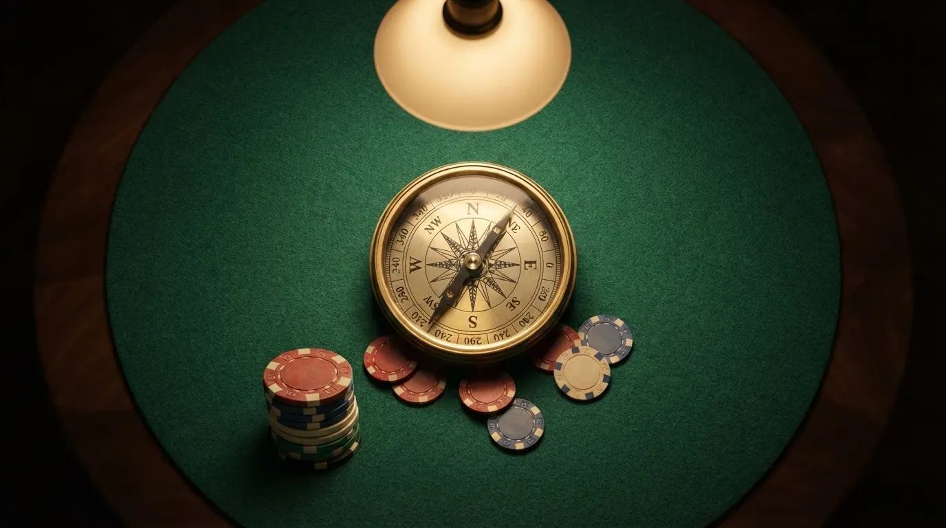 Une boussole posée sur une table de jeu, pointant vers deux directions : un drapeau tricolore pour l'ANJ et un drapeau de Curaçao pour l'offshore