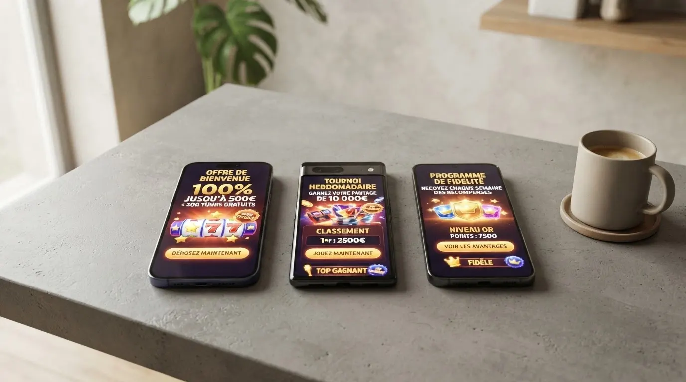 Capture d'écran comparative de plusieurs interfaces de casino en ligne affichant leur offre bonus crab