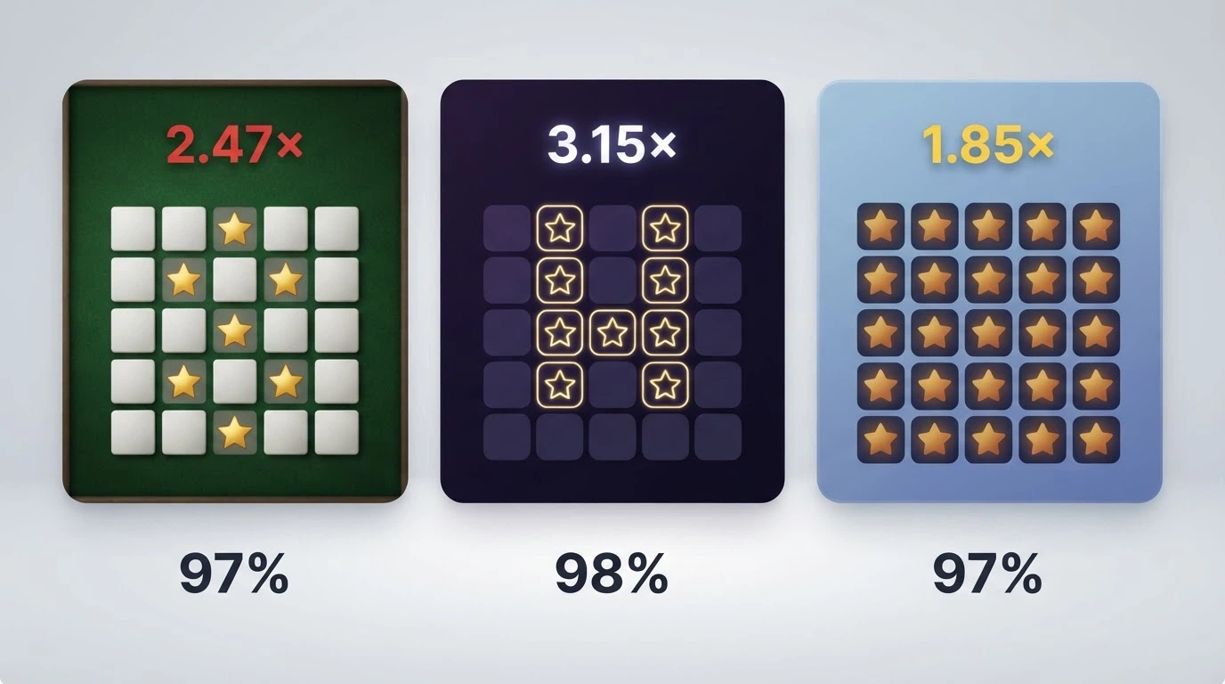 Les trois interfaces du jeu Mines côte à côte : Spribe (grille 5×5 classique), Hacksaw Gaming et Jili Games avec leurs designs distinctifs