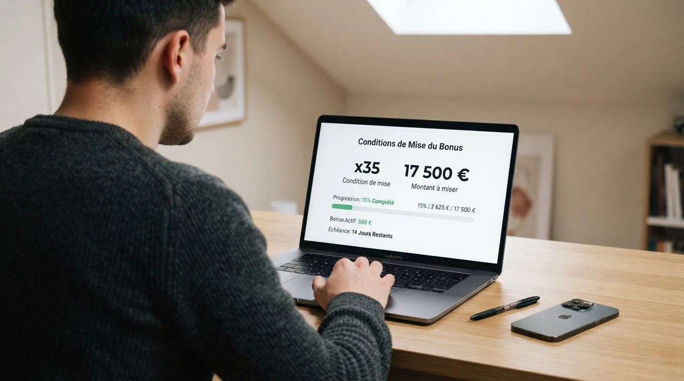 Fenêtre de conditions de bonus affichant un wager x35 et un plafond de retrait des gains