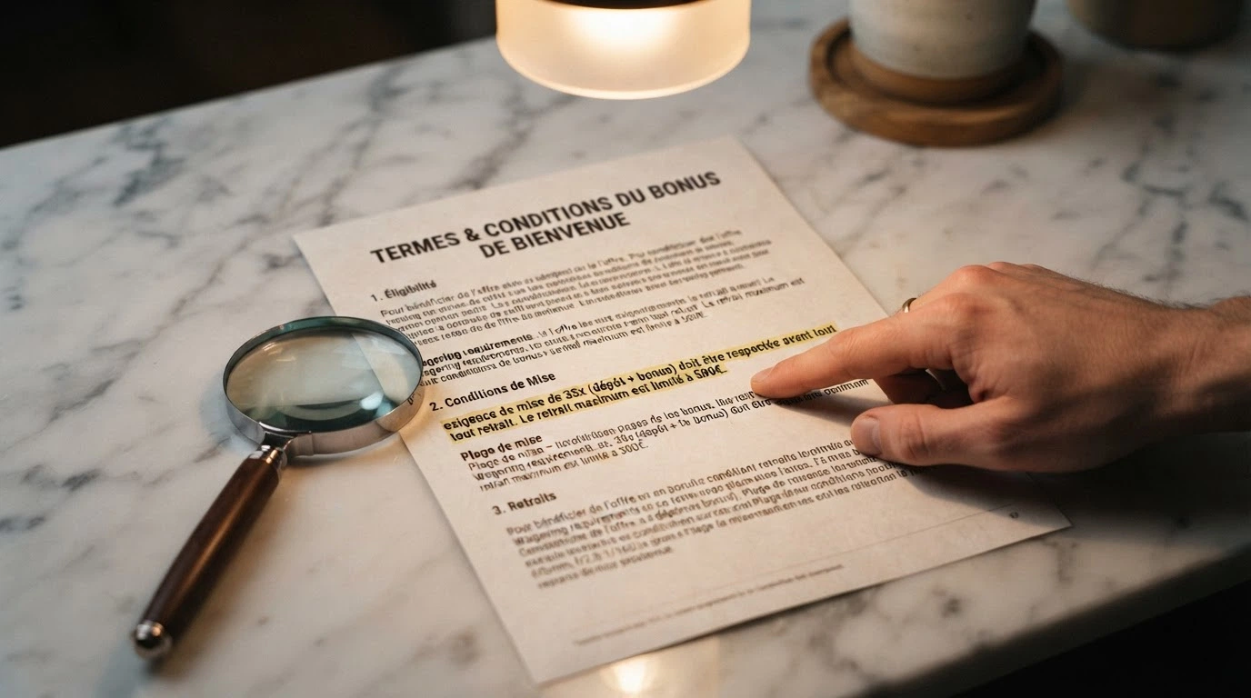Contrat de bonus de casino en ligne avec les conditions de mise surlignées et une loupe posée sur les petits caractères