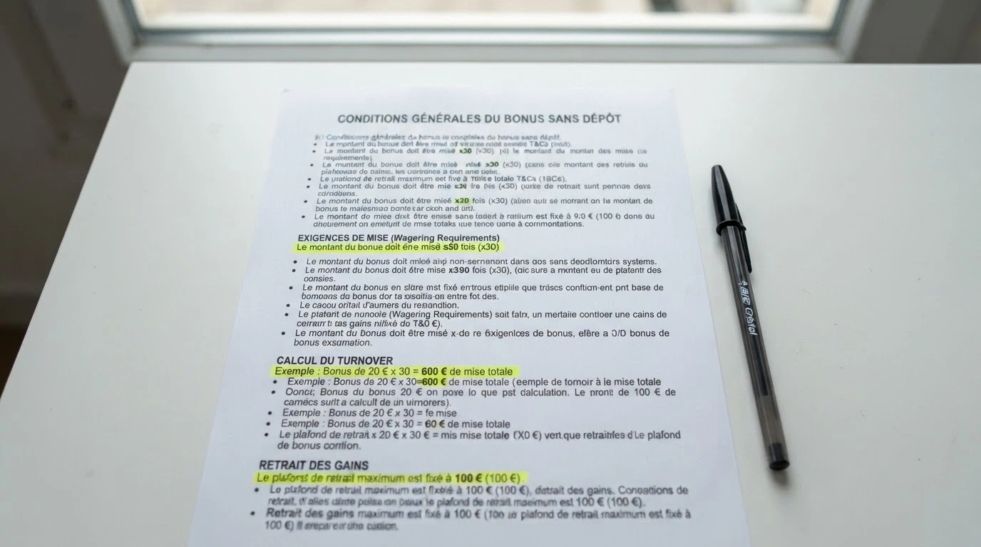 Un gros plan sur les conditions générales d'un bonus de casino en ligne, avec les chiffres du wager, du plafond de retrait et de la validité surlignés