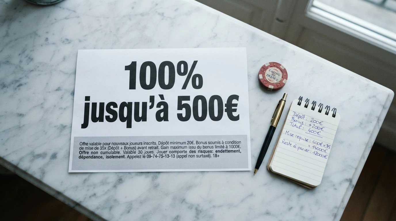 Un bandeau promotionnel de bonus de bienvenue avec le pourcentage affiché en gros et les conditions de mise en petits caractères en dessous