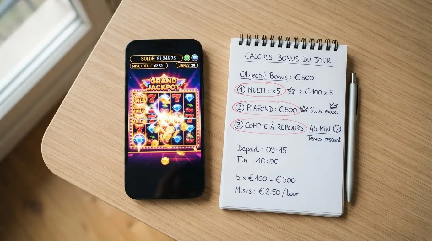 Un écran de machine à sous affichant en surimpression les trois verrous du bonus : multiplicateur de wagering, plafond de retrait, compte à rebours de validité.