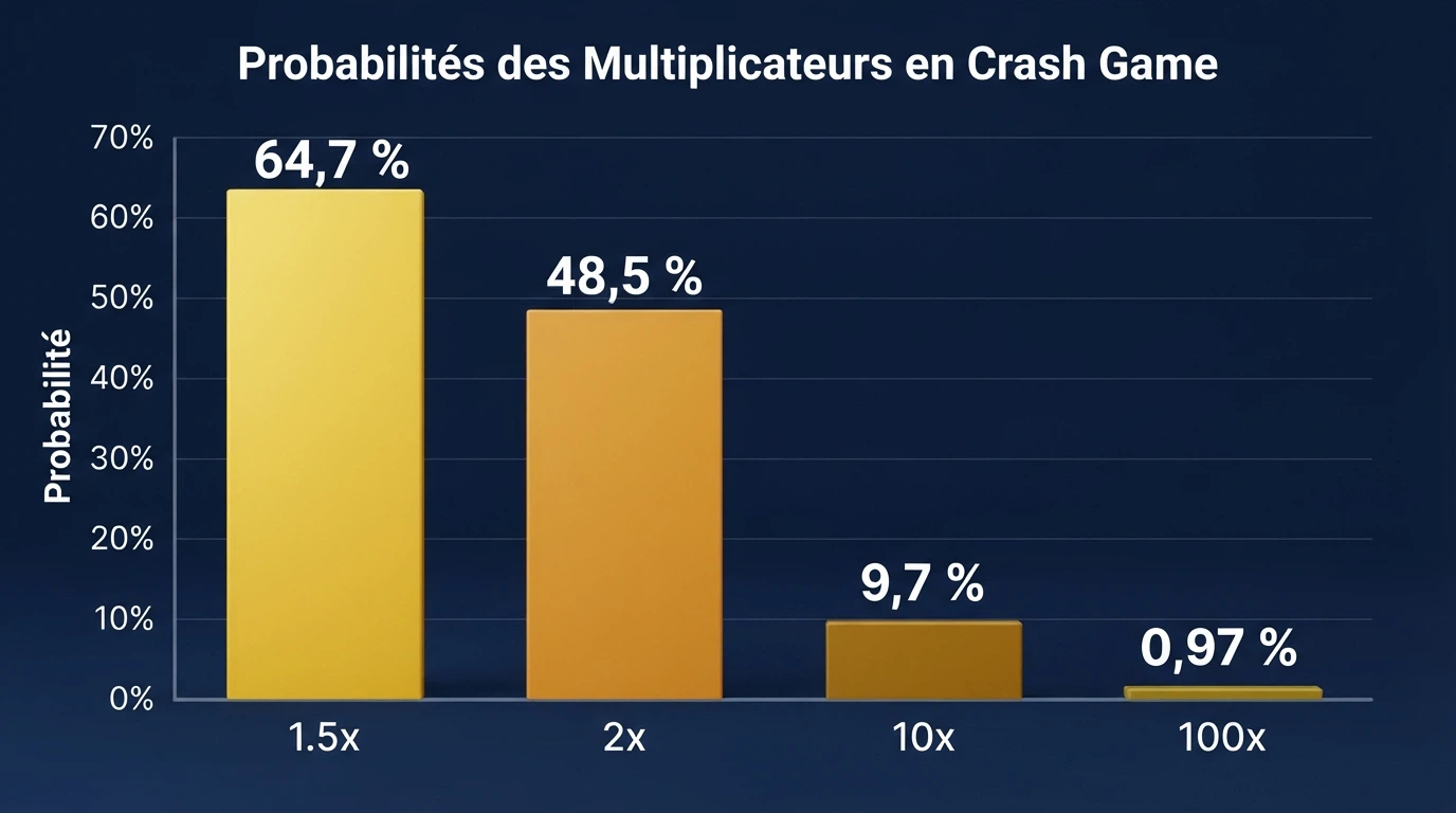 Un graphique du multiplicateur Aviator illustrant plusieurs points de sortie possibles (1,5x, 2x, 10x) avec la probabilité associée à chacun