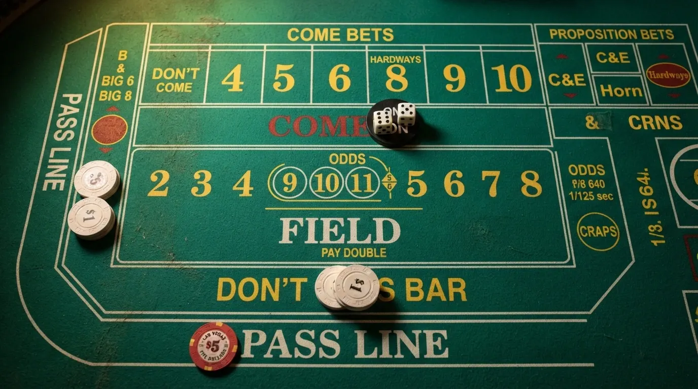 Vue rapprochée du tapis de craps avec les zones Pass Line, Don't Pass et Field, des dés posés sur le marqueur ON du point