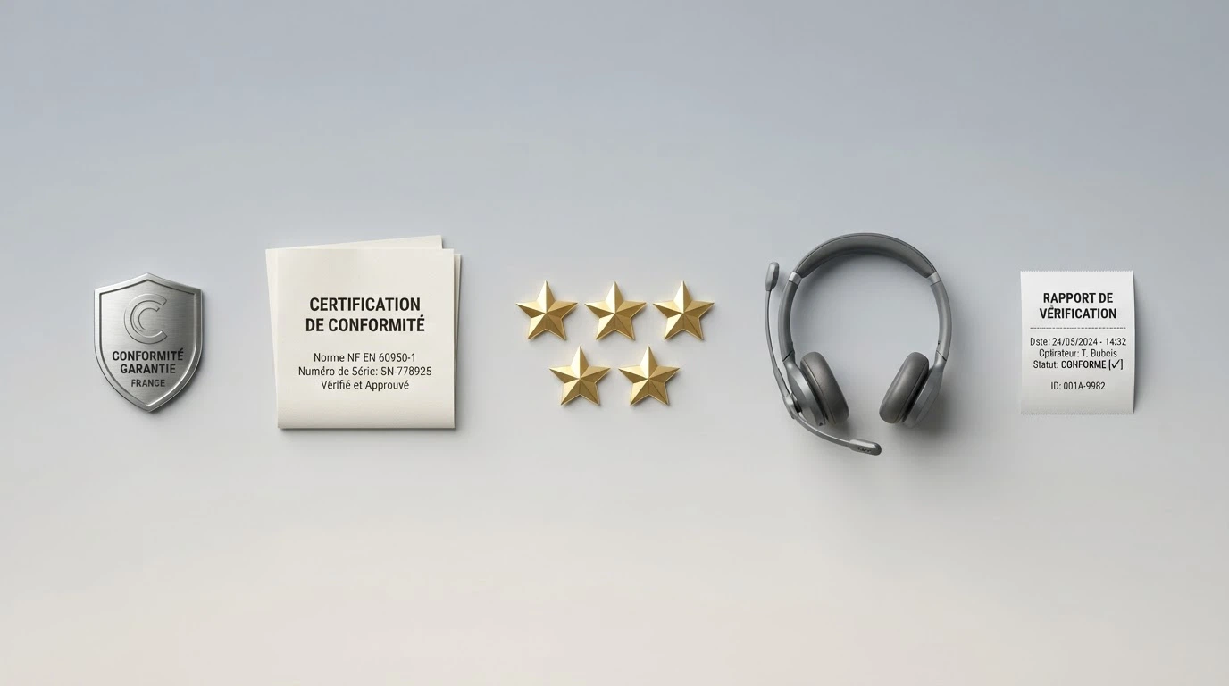 Liste de contrôle visuelle avec cinq icônes représentant les critères de fiabilité : licence, conditions de bonus, avis joueurs, service client et transparence des retraits