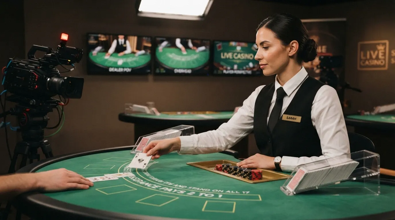 Un croupier en tenue professionnelle distribuant des cartes face à une caméra dans un studio de casino live, entouré d'écrans et de matériel de streaming