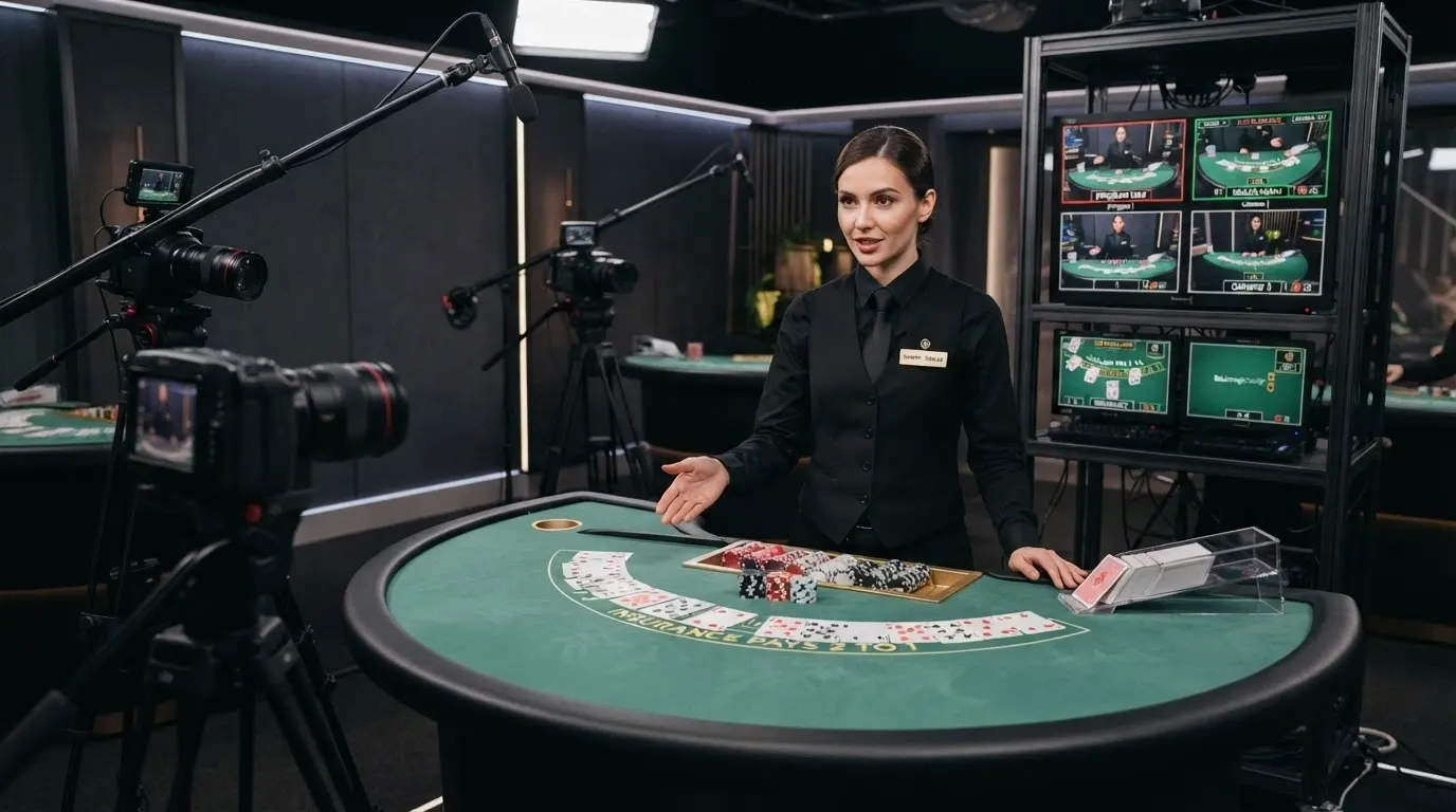 Croupier en tenue professionnelle derrière une table de blackjack ou de roulette, caméras HD et écrans dans un studio de casino live