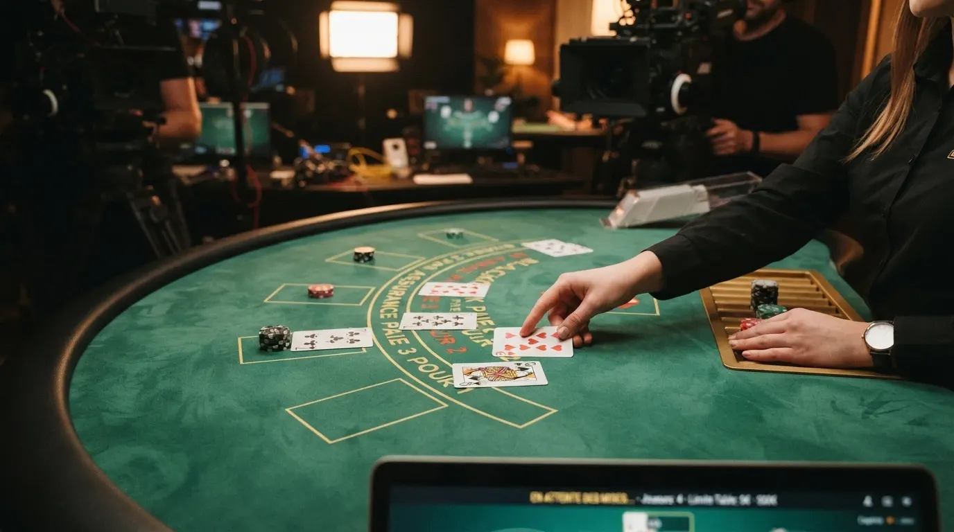 Un croupier en direct derrière une table de jeu, une carte visible à l'écran, l'interface de pari superposée dans un studio aux lumières tamisées