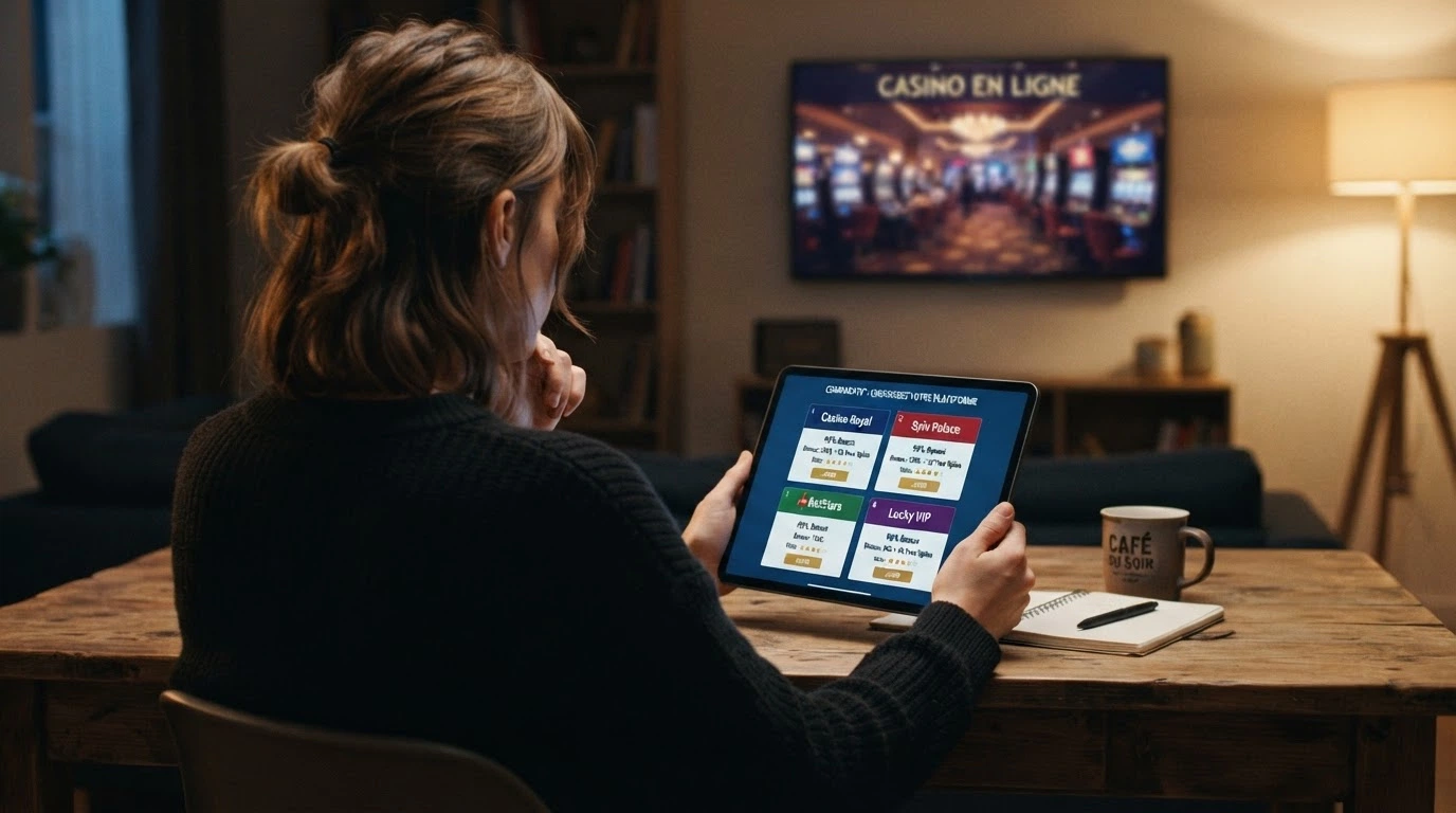 Joueur consultant un comparatif sur tablette, l'air réfléchi, avec en fond une interface de casino floutée