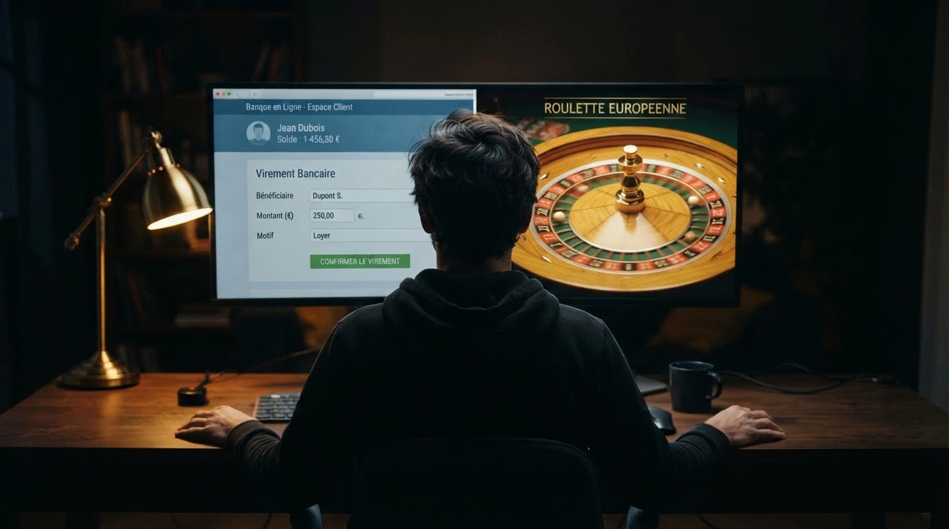 Un joueur devant un écran partagé entre une interface bancaire (virement SEPA) et une page de casino, illustrant le choix à faire