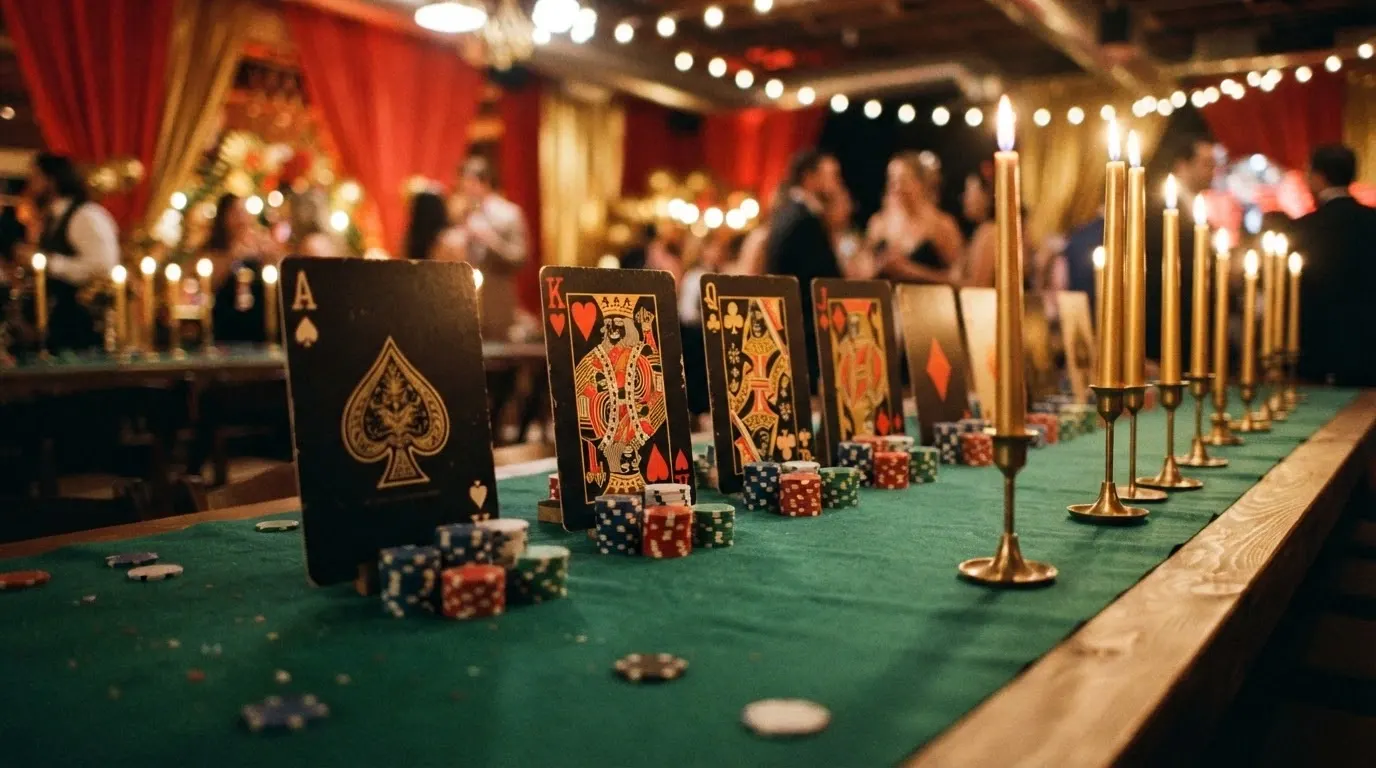 Décoration de table sur le thème Las Vegas avec tapis vert, cartes à jouer géantes en noir et rouge, jetons de poker colorés et bougies dorées