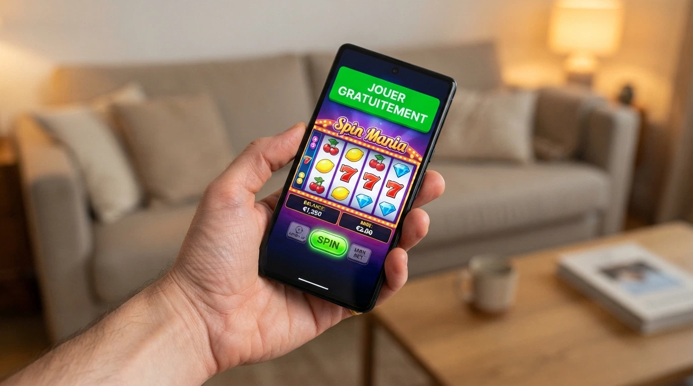 Écran de smartphone affichant une machine à sous Merkur en mode démo avec le bandeau « jouer gratuitement » visible