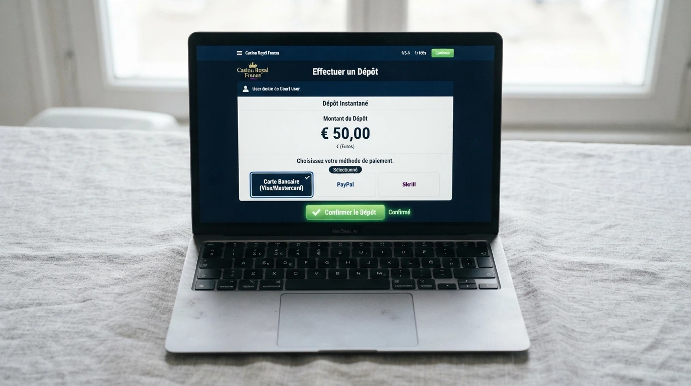 Formulaire de dépôt Neteller sur un casino en ligne affichant le montant saisi, l'option de portefeuille sélectionnée et la confirmation de transaction instantanée