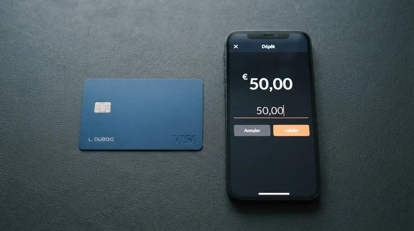 Une carte bancaire Revolut posée à côté d'un écran de smartphone affichant l'interface de dépôt d'un casino en ligne