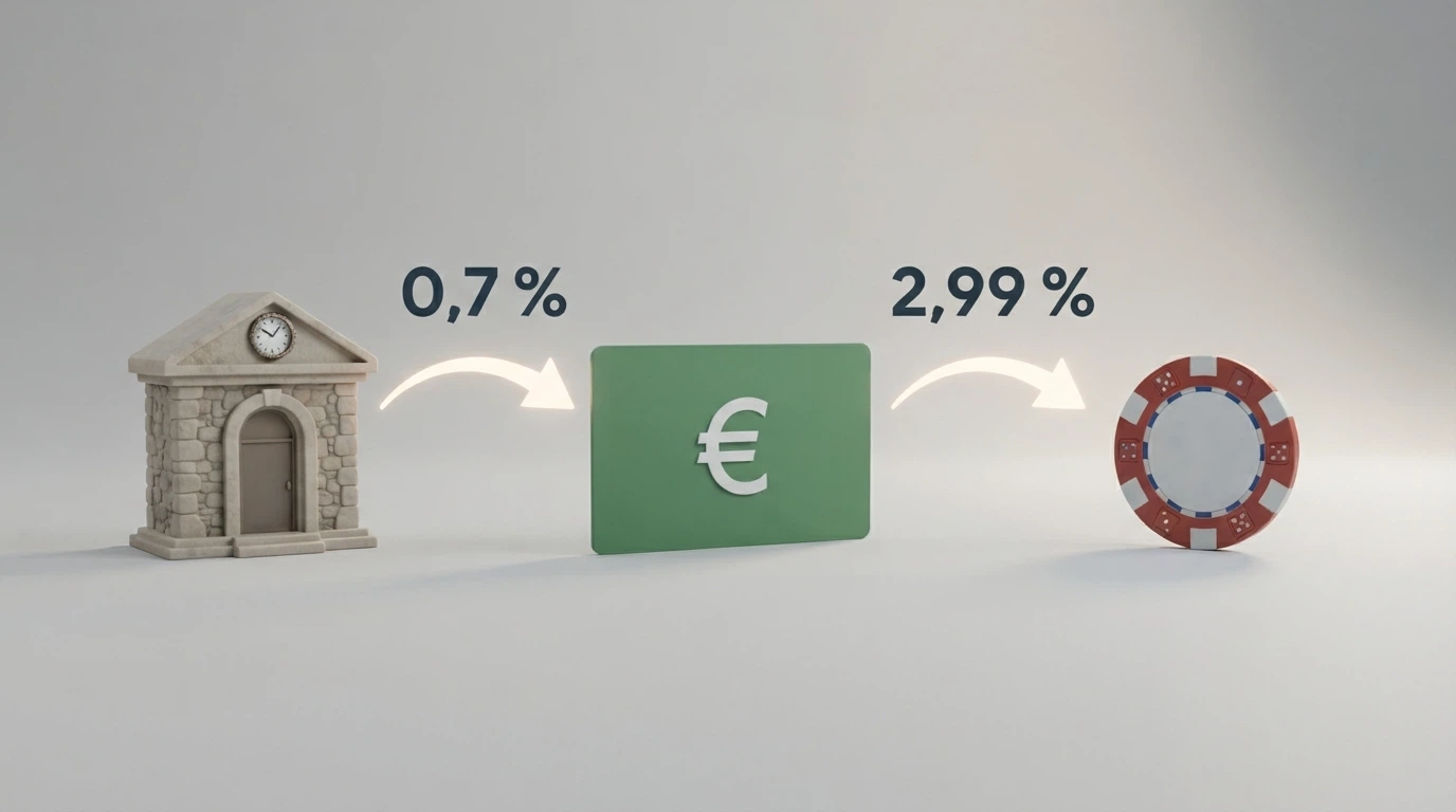 Schéma visuel du parcours d'un dépôt EcoPayz : du compte bancaire au compte EcoPayz, puis du compte EcoPayz au casino, avec les étapes et les frais associés
