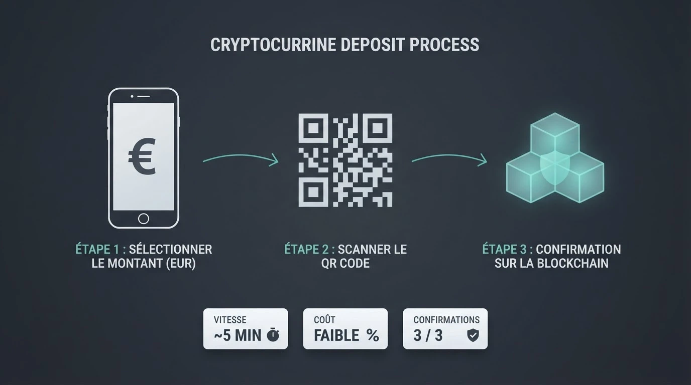 Schéma du parcours d'un dépôt en Solana sur un casino en ligne : portefeuille Phantom, QR code, validation sur la blockchain