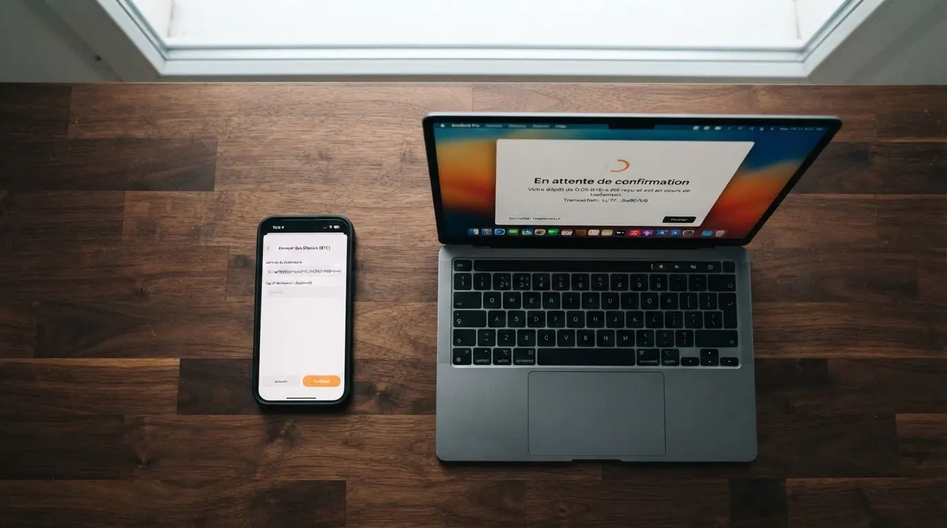 Un portefeuille crypto ouvert sur un écran d'ordinateur, une adresse XRP et un destination tag visibles, à côté d'une interface de casino en ligne