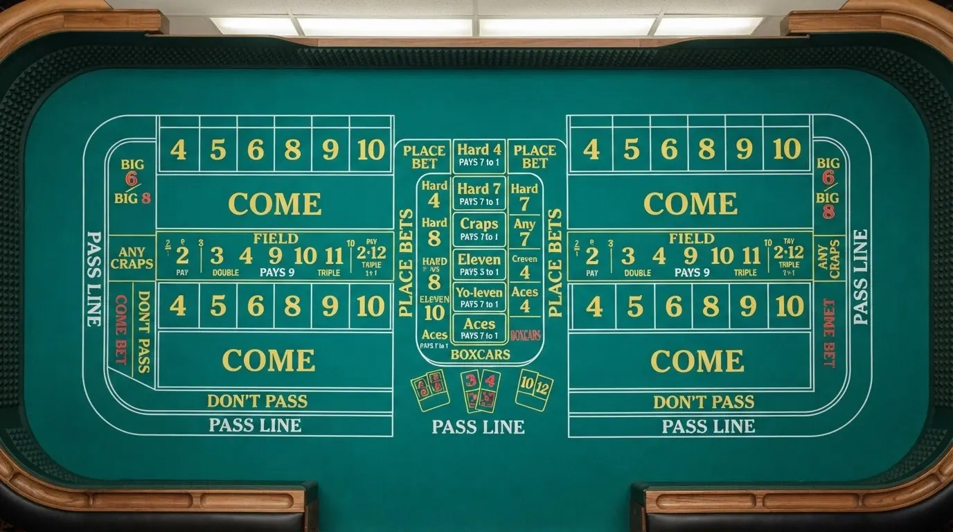Le tapis d'une table de craps avec ses différentes zones de mise annotées : Pass Line, Come, Field, Place Bets, Big 6/8 et Hardways