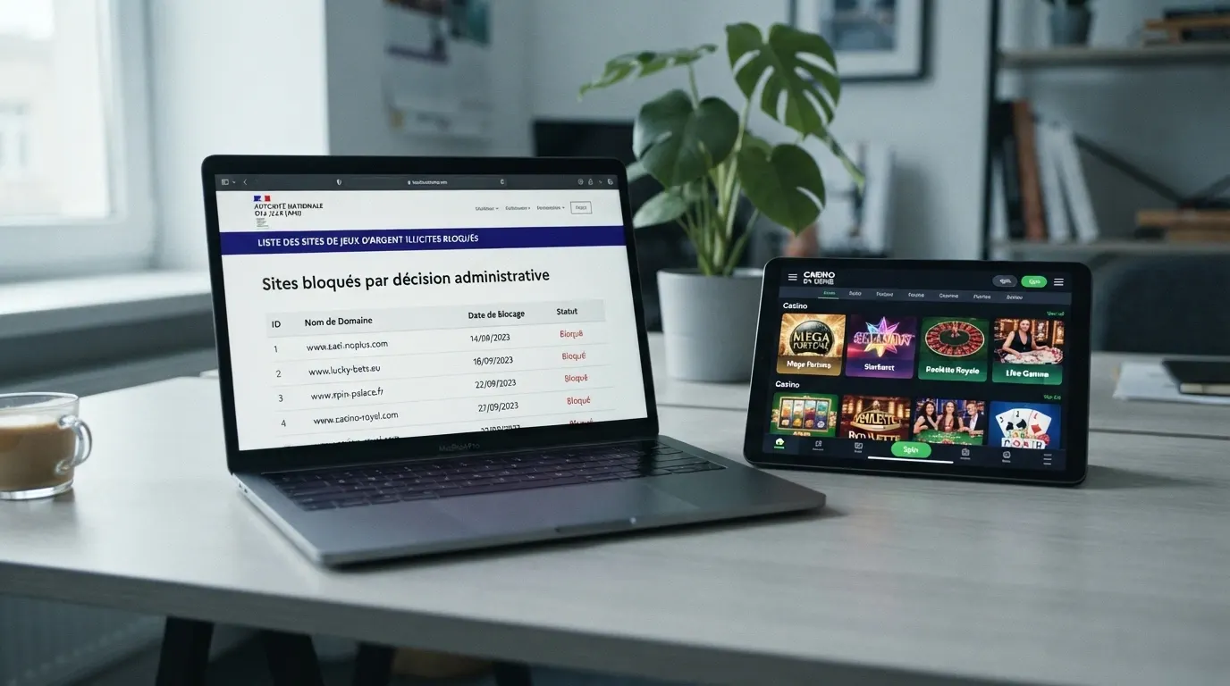 Capture d'écran d'une page du site de l'ANJ listant des URL bloquées, à côté d'un écran de casino offshore