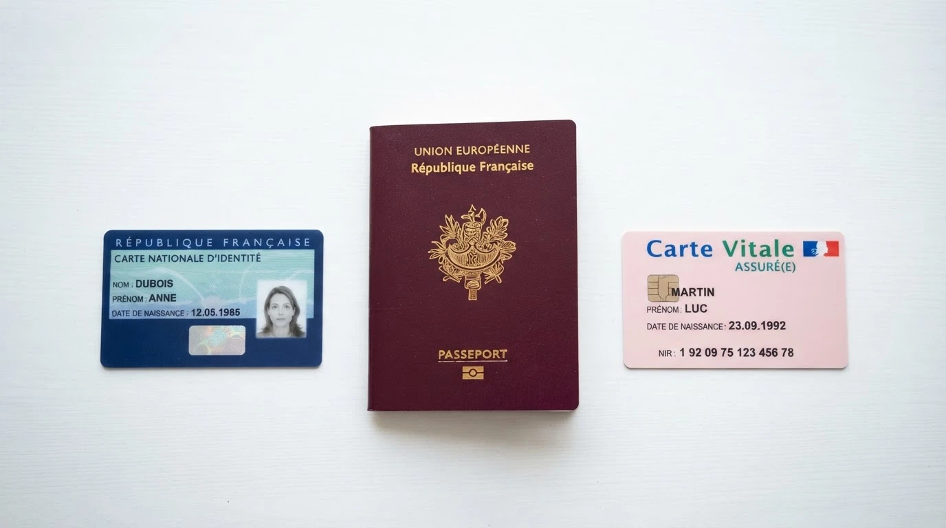 Trois documents d'identité posés côte à côte sur une table : une carte nationale d'identité française, un passeport et un permis de conduire.