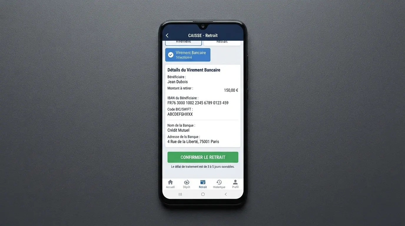 Interface de caisse d'un casino en ligne affichant l'option « virement bancaire » avec le RIB bénéficiaire et les instructions de dépôt