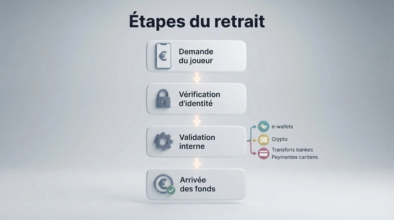 Schéma illustrant le parcours d'un retrait de casino en ligne, de la demande du joueur au crédit bancaire, avec les étapes KYC, traitement interne et délai bancaire