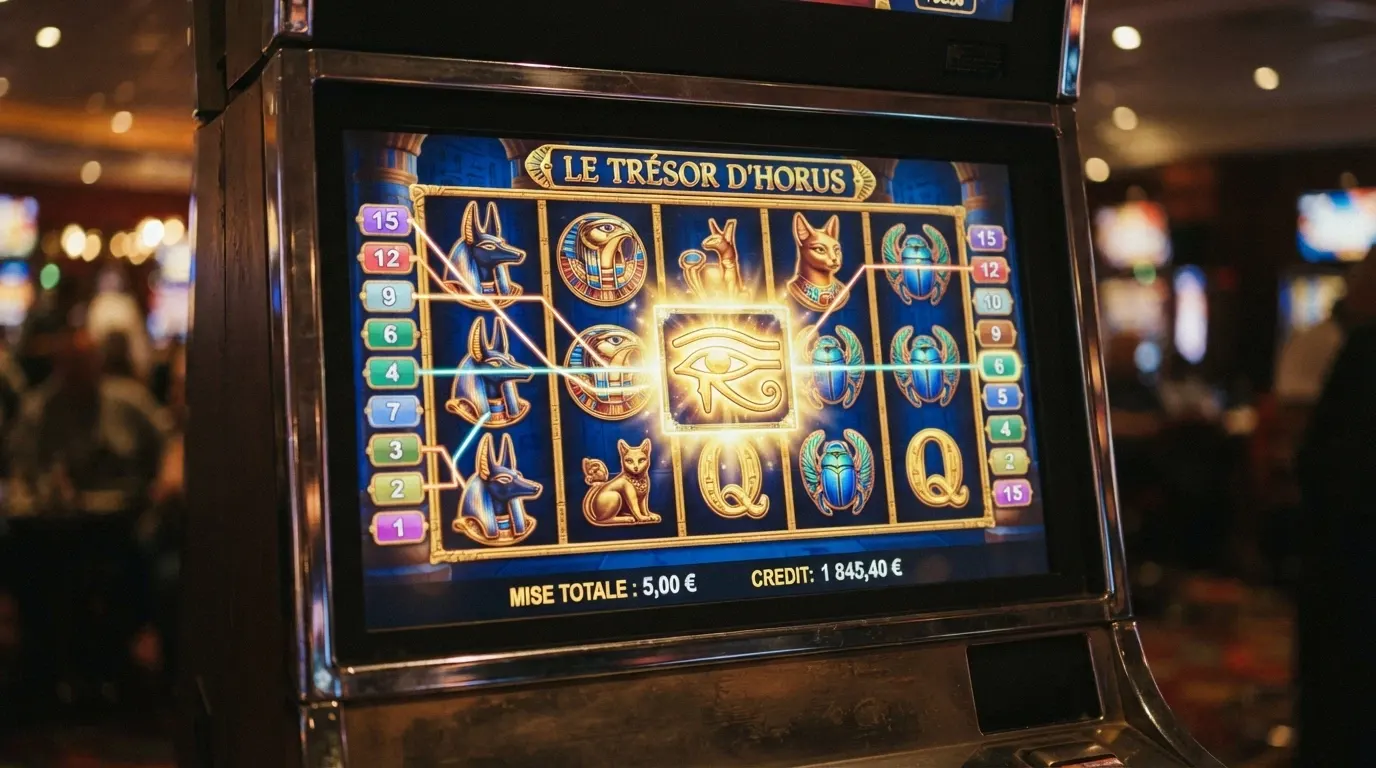 Capture d'écran de la machine à sous Eye of Horus avec les symboles égyptiens, les 10 lignes de paiement visibles et le compteur de mise