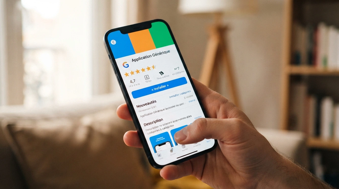 Un écran de téléphone montrant une fausse page de boutique imitant Google Play, avec des notes cinq étoiles