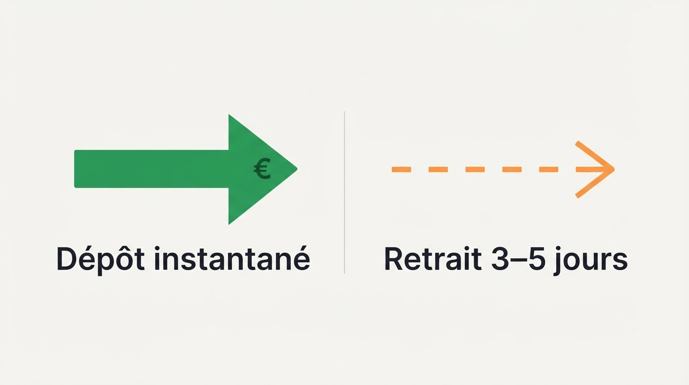 Un schéma comparatif montrant une flèche aller rapide (« dépôt instantané ») et une flèche retour plus lente et en pointillés (« retrait 3-5 jours »)