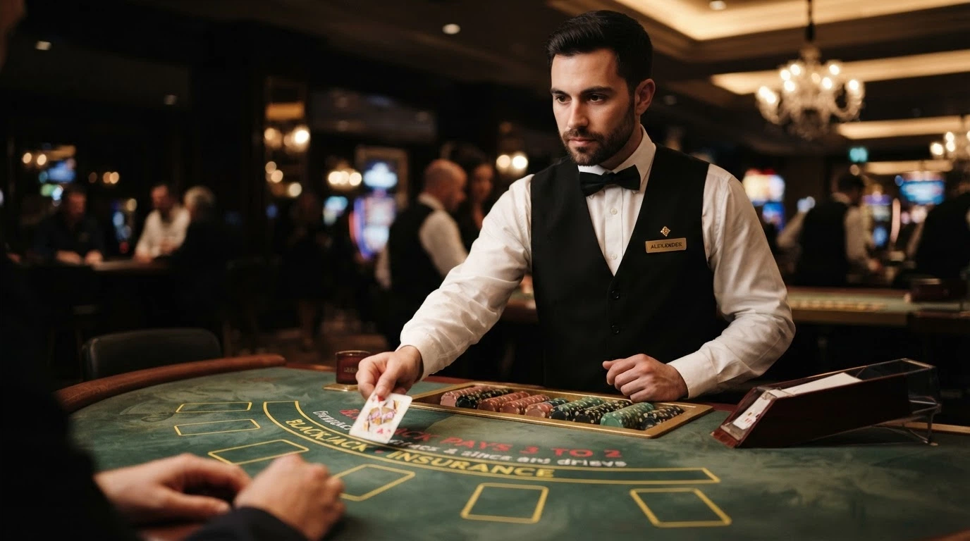 Un croupier en tenue réglementaire exécutant un geste technique de distribution de cartes sur une table de blackjack, vu de face avec le tapis et les jetons au premier plan