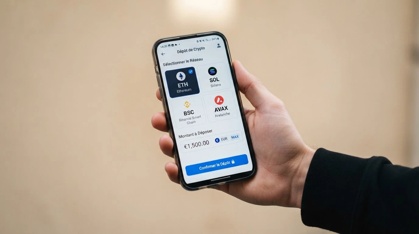 Une interface de dépôt crypto montrant le choix entre plusieurs réseaux blockchain pour envoyer de l'USDC