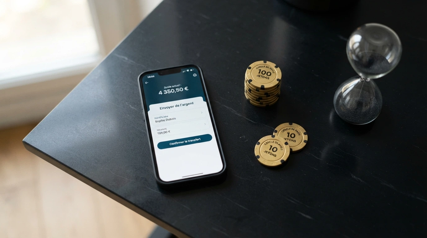 Un téléphone affichant l'application Skrill avec l'écran « Envoyer de l'argent », une pile de pièces et un chronomètre à côté