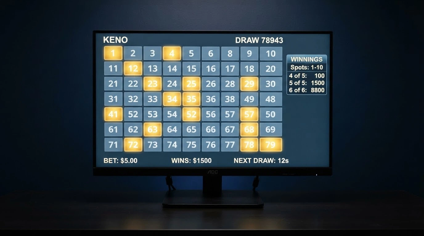Une grille de keno de 80 numéros affichée en plein écran, 20 boules tirées en surbrillance jaune, l'interface d'un casino en ligne sur fond bleu sombre